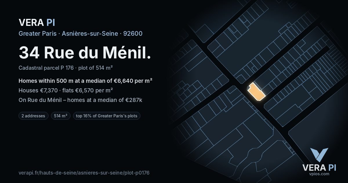 34 Rue du Ménil, Asnières-sur-Seine at night – the plot lit, the parcels around coloured by the prices near them