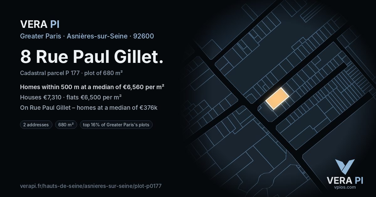 8 Rue Paul Gillet, Asnières-sur-Seine at night – the plot lit, the parcels around coloured by the prices near them