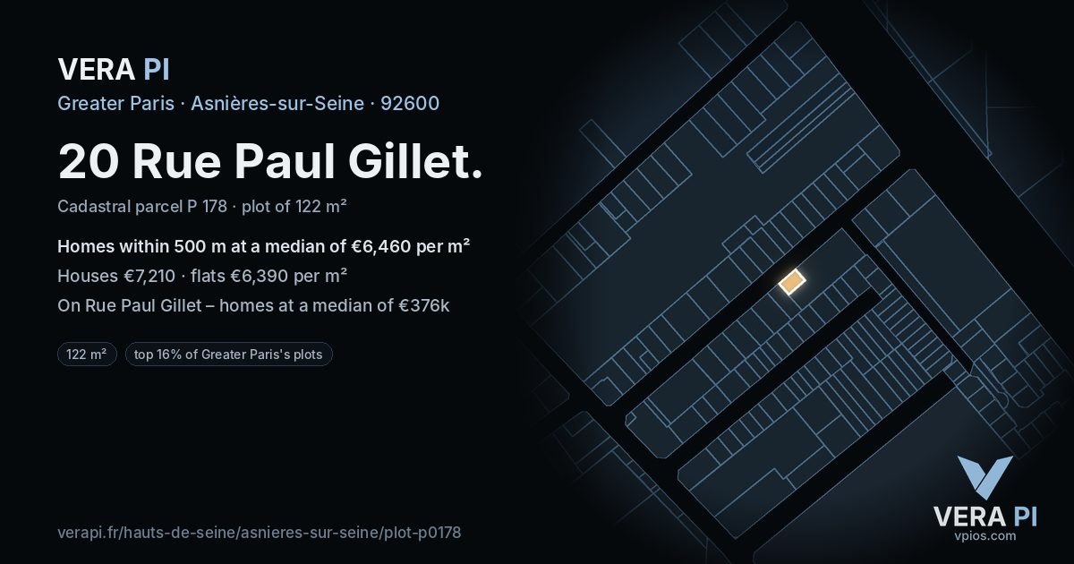 20 Rue Paul Gillet, Asnières-sur-Seine at night – the plot lit, the parcels around coloured by the prices near them