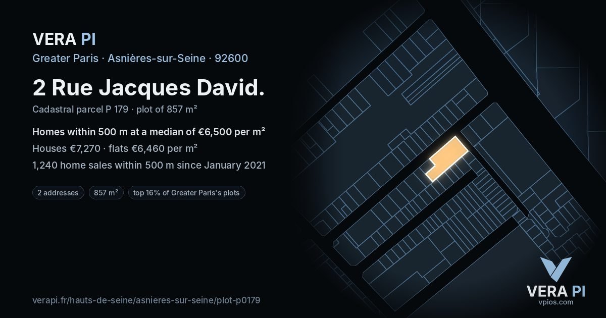 2 Rue Jacques David, Asnières-sur-Seine at night – the plot lit, the parcels around coloured by the prices near them