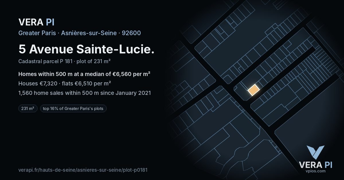 5 Avenue Sainte-Lucie, Asnières-sur-Seine at night – the plot lit, the parcels around coloured by the prices near them