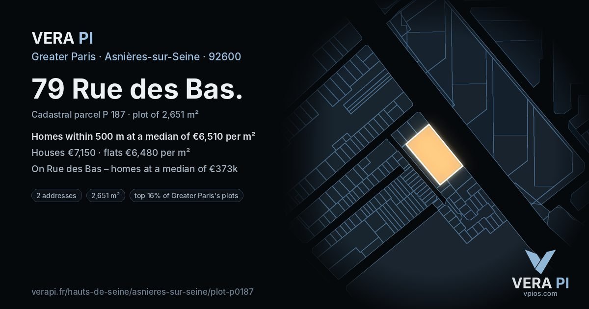 79 Rue des Bas, Asnières-sur-Seine at night – the plot lit, the parcels around coloured by the prices near them