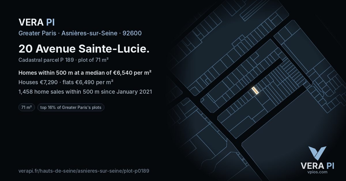 20 Avenue Sainte-Lucie, Asnières-sur-Seine at night – the plot lit, the parcels around coloured by the prices near them