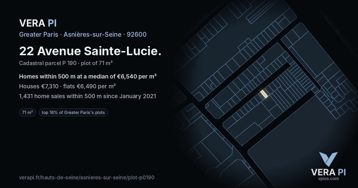 22 Avenue Sainte-Lucie, Asnières-sur-Seine at night – the plot lit, the parcels around coloured by the prices near them