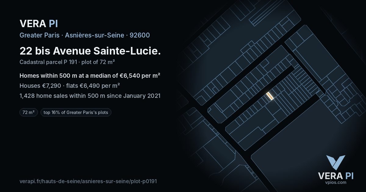 22 bis Avenue Sainte-Lucie, Asnières-sur-Seine at night – the plot lit, the parcels around coloured by the prices near them