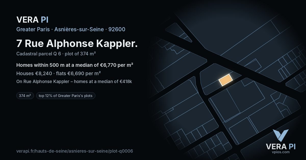 7 Rue Alphonse Kappler, Asnières-sur-Seine at night – the plot lit, the parcels around coloured by the prices near them