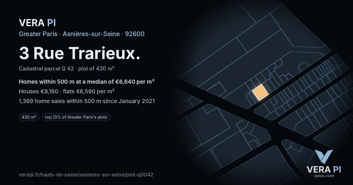 3 Rue Trarieux, Asnières-sur-Seine at night – the plot lit, the parcels around coloured by the prices near them