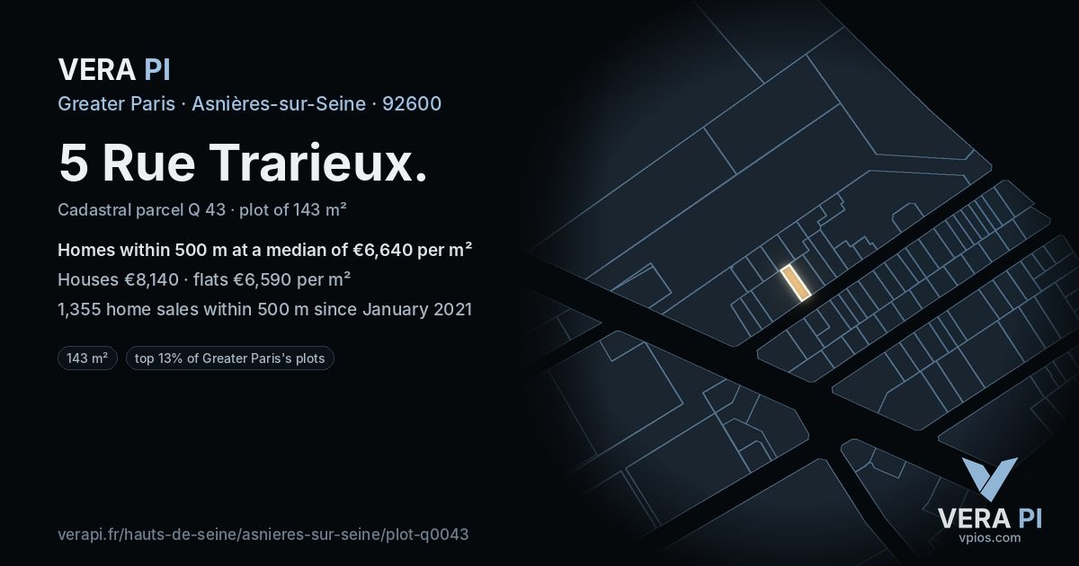 5 Rue Trarieux, Asnières-sur-Seine at night – the plot lit, the parcels around coloured by the prices near them