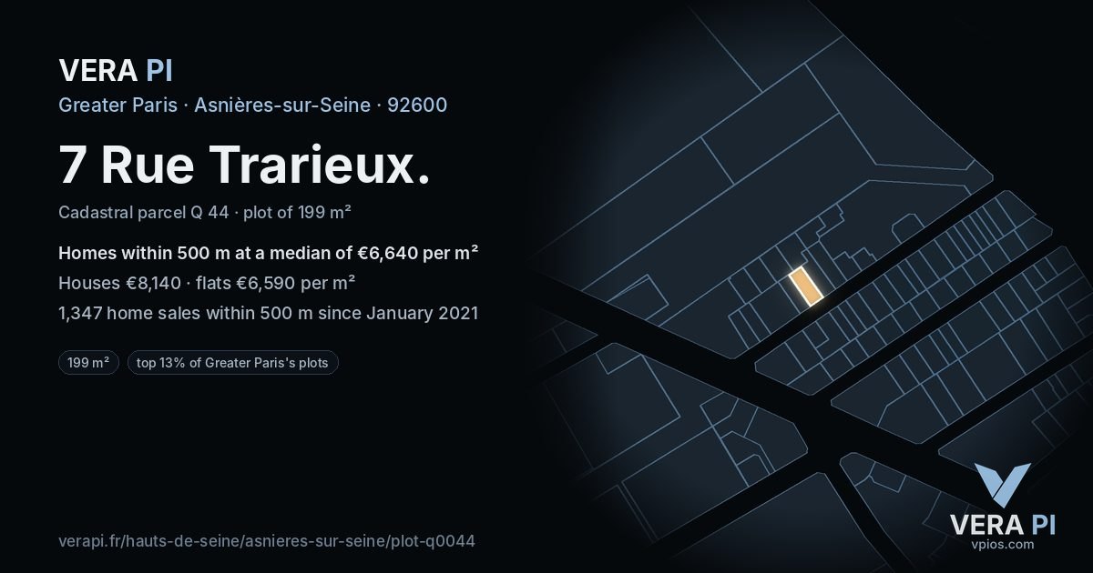 7 Rue Trarieux, Asnières-sur-Seine at night – the plot lit, the parcels around coloured by the prices near them