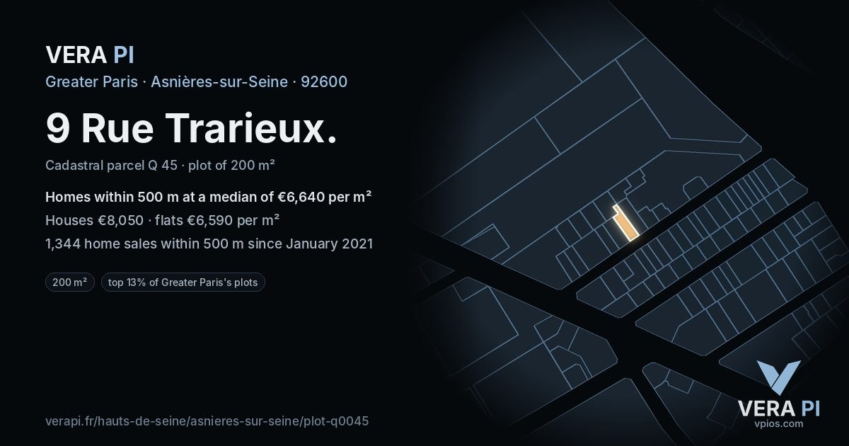 9 Rue Trarieux, Asnières-sur-Seine at night – the plot lit, the parcels around coloured by the prices near them