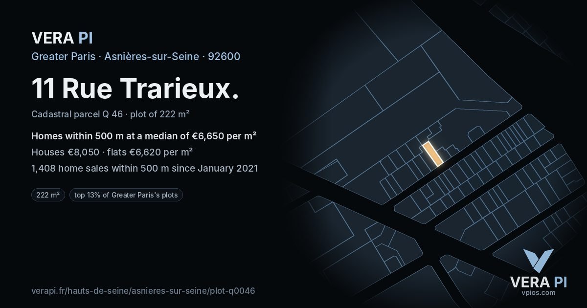 11 Rue Trarieux, Asnières-sur-Seine at night – the plot lit, the parcels around coloured by the prices near them