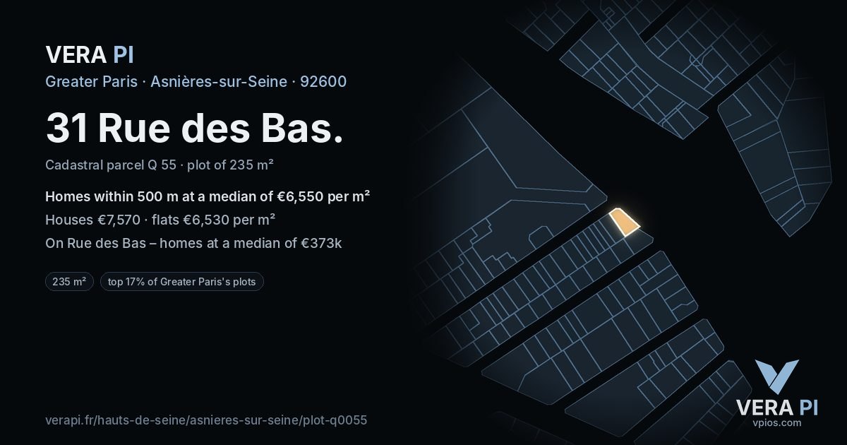 31 Rue des Bas, Asnières-sur-Seine at night – the plot lit, the parcels around coloured by the prices near them