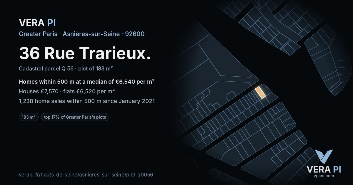 36 Rue Trarieux, Asnières-sur-Seine at night – the plot lit, the parcels around coloured by the prices near them