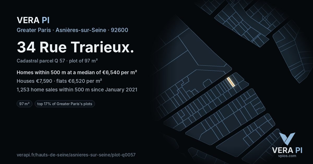 34 Rue Trarieux, Asnières-sur-Seine at night – the plot lit, the parcels around coloured by the prices near them