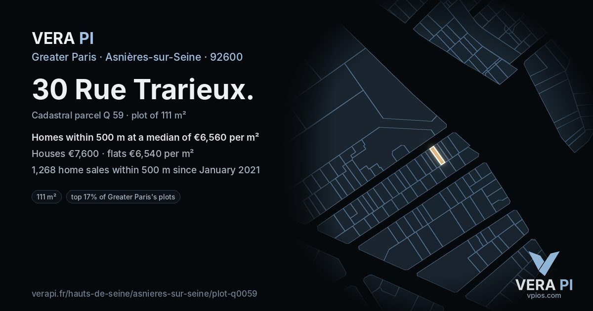 30 Rue Trarieux, Asnières-sur-Seine at night – the plot lit, the parcels around coloured by the prices near them