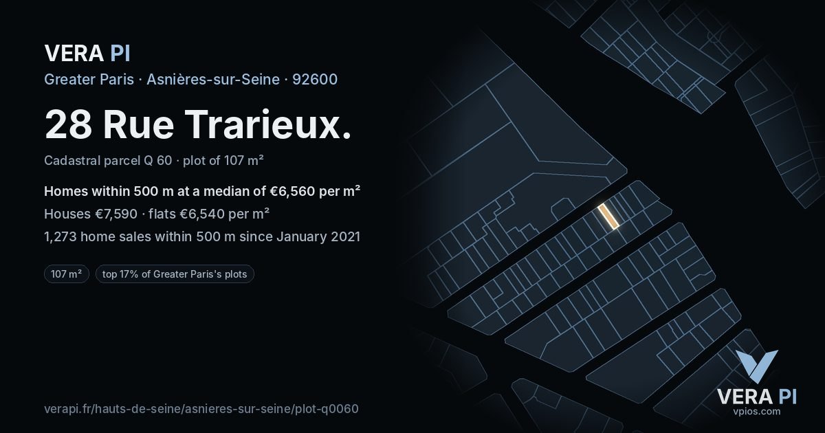 28 Rue Trarieux, Asnières-sur-Seine at night – the plot lit, the parcels around coloured by the prices near them