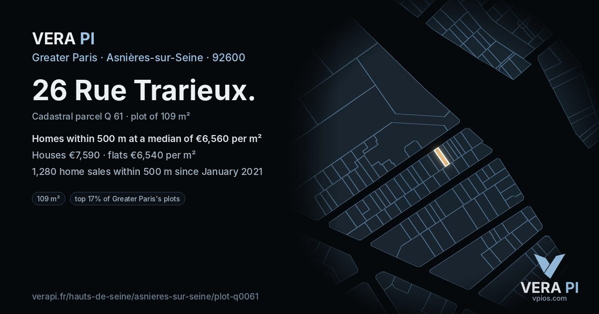 26 Rue Trarieux, Asnières-sur-Seine at night – the plot lit, the parcels around coloured by the prices near them