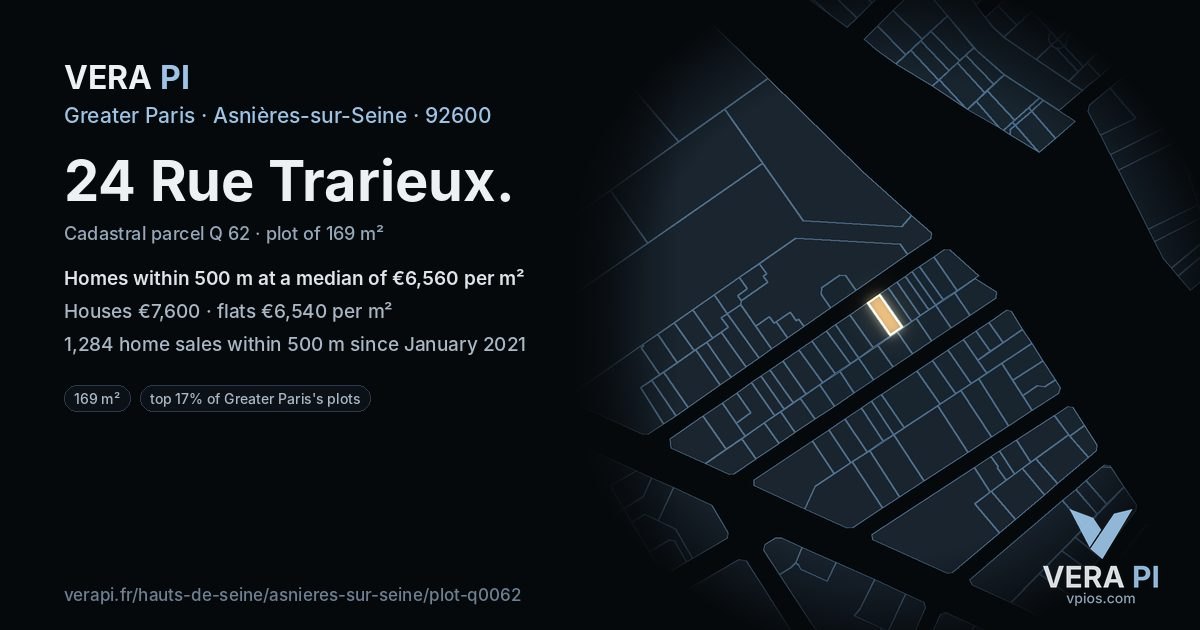 24 Rue Trarieux, Asnières-sur-Seine at night – the plot lit, the parcels around coloured by the prices near them