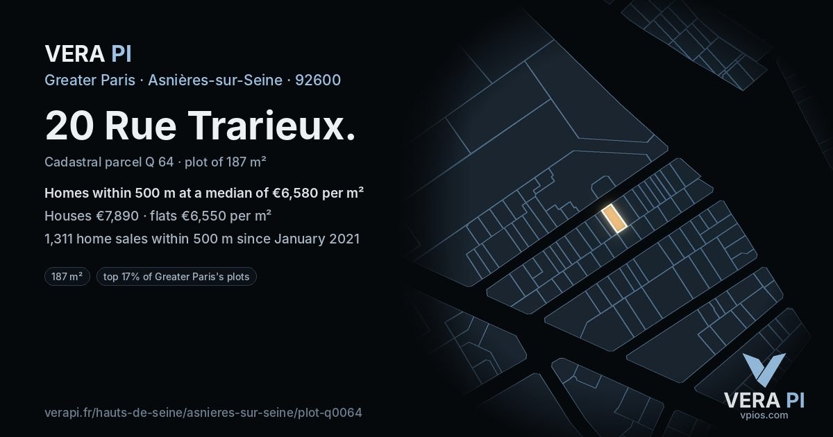 20 Rue Trarieux, Asnières-sur-Seine at night – the plot lit, the parcels around coloured by the prices near them