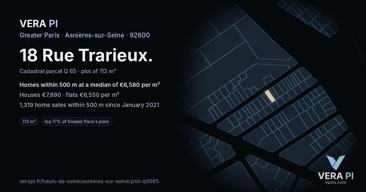 18 Rue Trarieux, Asnières-sur-Seine at night – the plot lit, the parcels around coloured by the prices near them