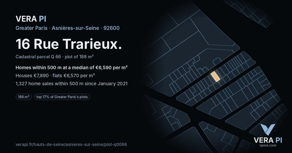 16 Rue Trarieux, Asnières-sur-Seine at night – the plot lit, the parcels around coloured by the prices near them