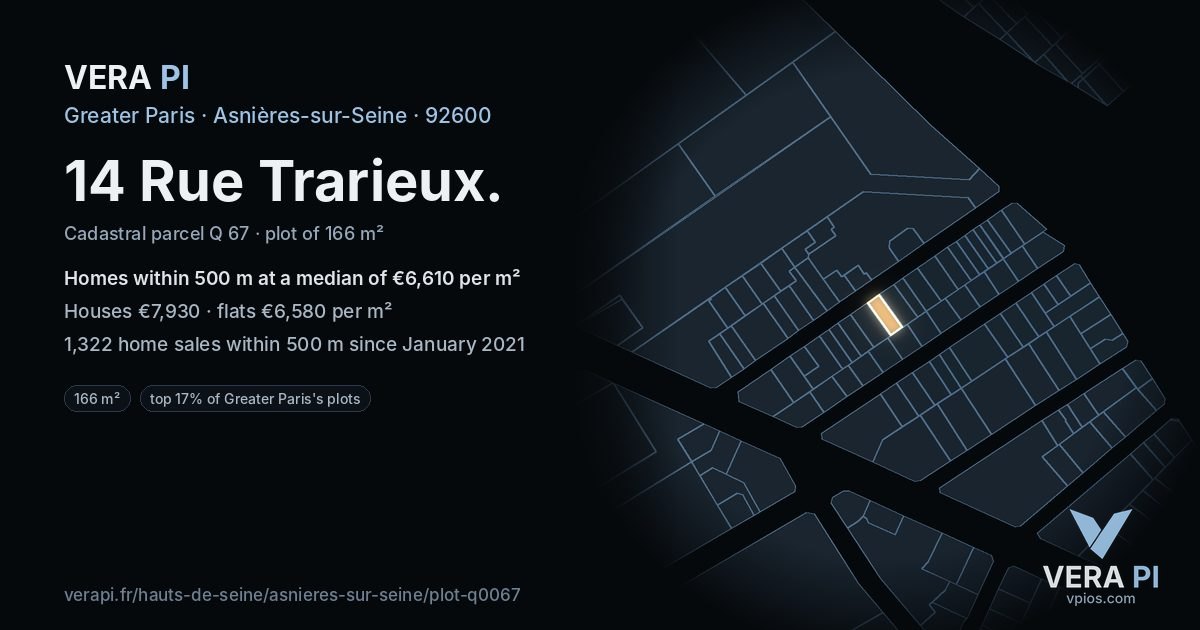 14 Rue Trarieux, Asnières-sur-Seine at night – the plot lit, the parcels around coloured by the prices near them