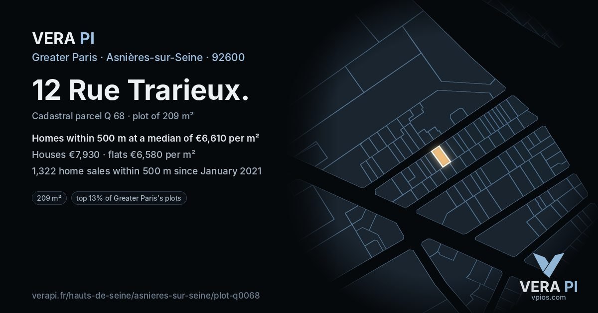 12 Rue Trarieux, Asnières-sur-Seine at night – the plot lit, the parcels around coloured by the prices near them