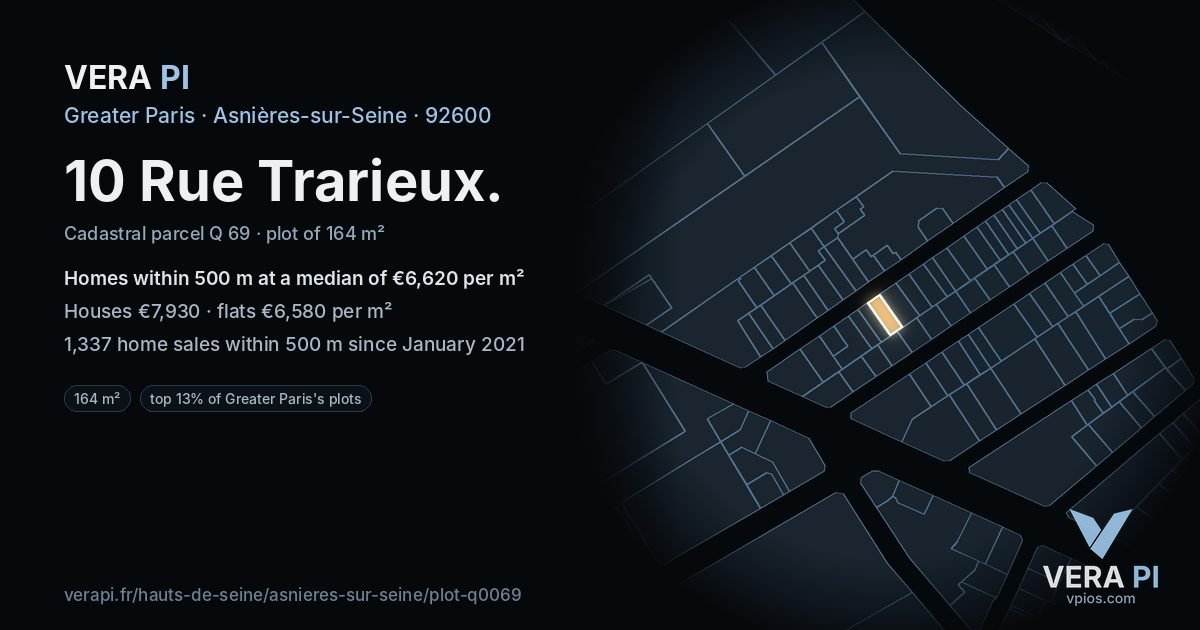 10 Rue Trarieux, Asnières-sur-Seine at night – the plot lit, the parcels around coloured by the prices near them