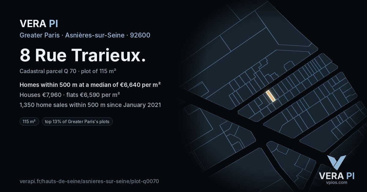 8 Rue Trarieux, Asnières-sur-Seine at night – the plot lit, the parcels around coloured by the prices near them