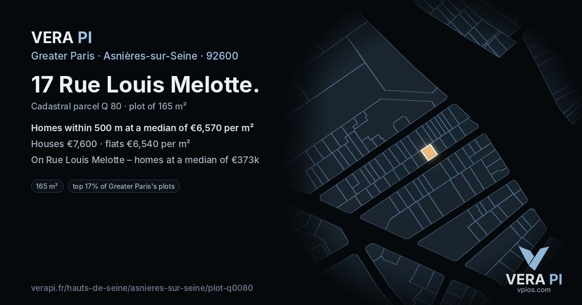 17 Rue Louis Melotte, Asnières-sur-Seine at night – the plot lit, the parcels around coloured by the prices near them