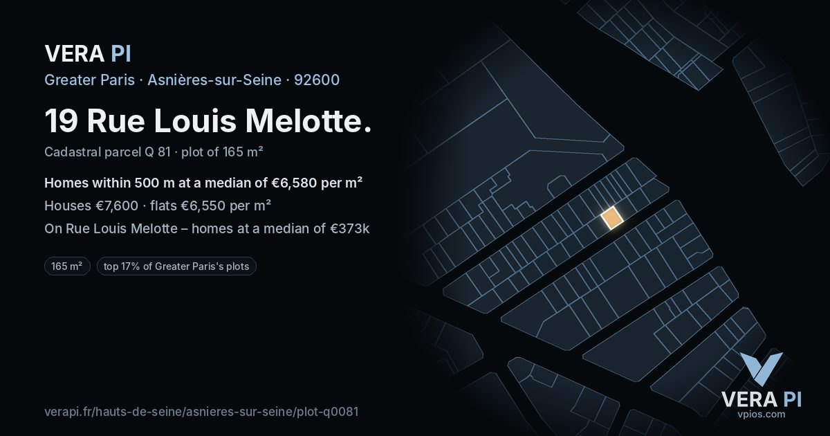 19 Rue Louis Melotte, Asnières-sur-Seine at night – the plot lit, the parcels around coloured by the prices near them