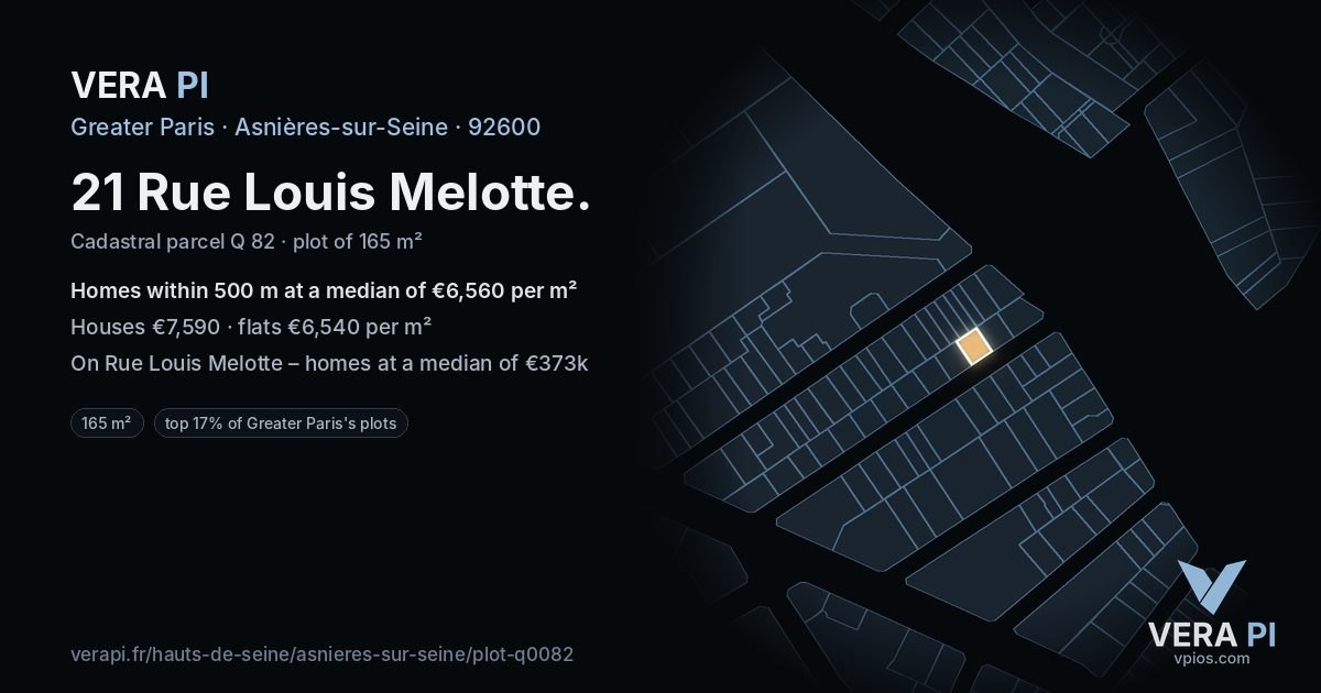 21 Rue Louis Melotte, Asnières-sur-Seine at night – the plot lit, the parcels around coloured by the prices near them