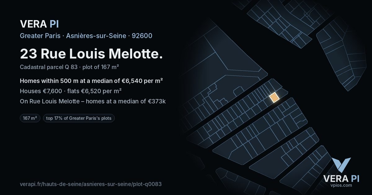 23 Rue Louis Melotte, Asnières-sur-Seine at night – the plot lit, the parcels around coloured by the prices near them