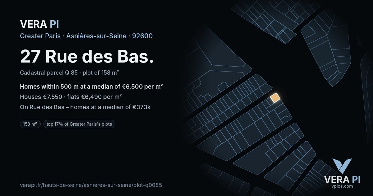 27 Rue des Bas, Asnières-sur-Seine at night – the plot lit, the parcels around coloured by the prices near them