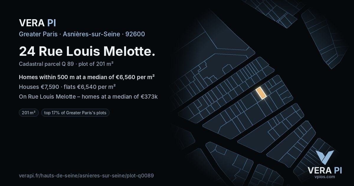 24 Rue Louis Melotte, Asnières-sur-Seine at night – the plot lit, the parcels around coloured by the prices near them
