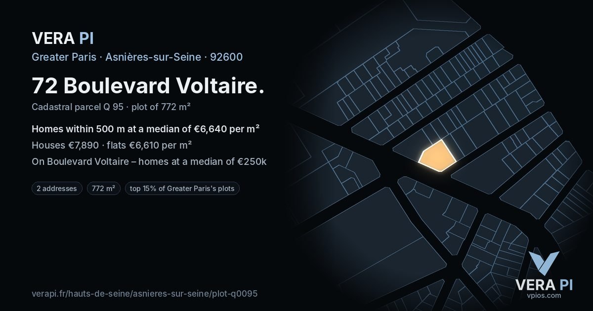 72 Boulevard Voltaire, Asnières-sur-Seine at night – the plot lit, the parcels around coloured by the prices near them