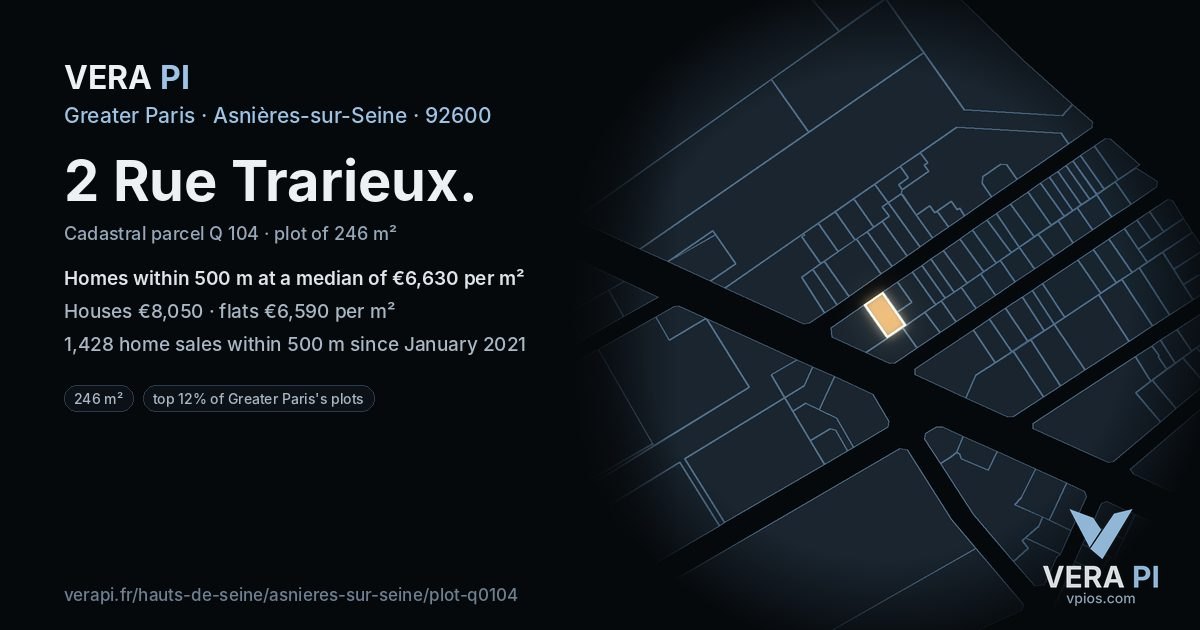 2 Rue Trarieux, Asnières-sur-Seine at night – the plot lit, the parcels around coloured by the prices near them