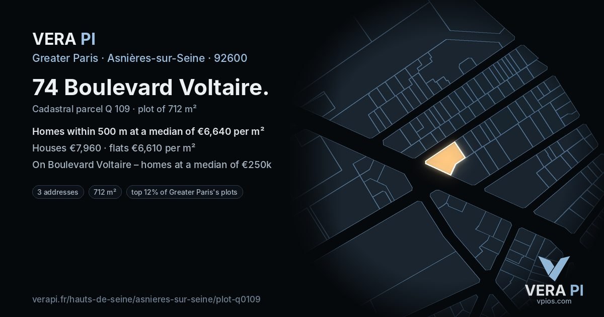 74 Boulevard Voltaire, Asnières-sur-Seine at night – the plot lit, the parcels around coloured by the prices near them