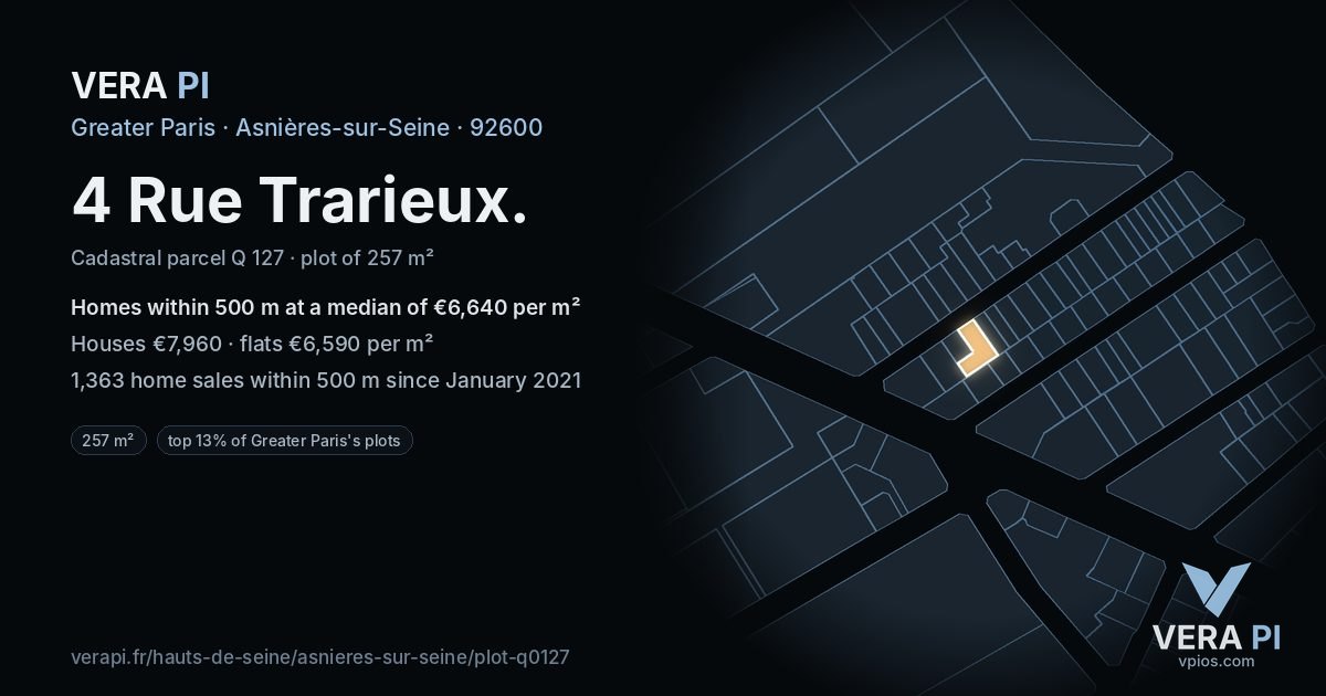 4 Rue Trarieux, Asnières-sur-Seine at night – the plot lit, the parcels around coloured by the prices near them