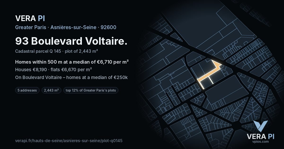 93 Boulevard Voltaire, Asnières-sur-Seine at night – the plot lit, the parcels around coloured by the prices near them