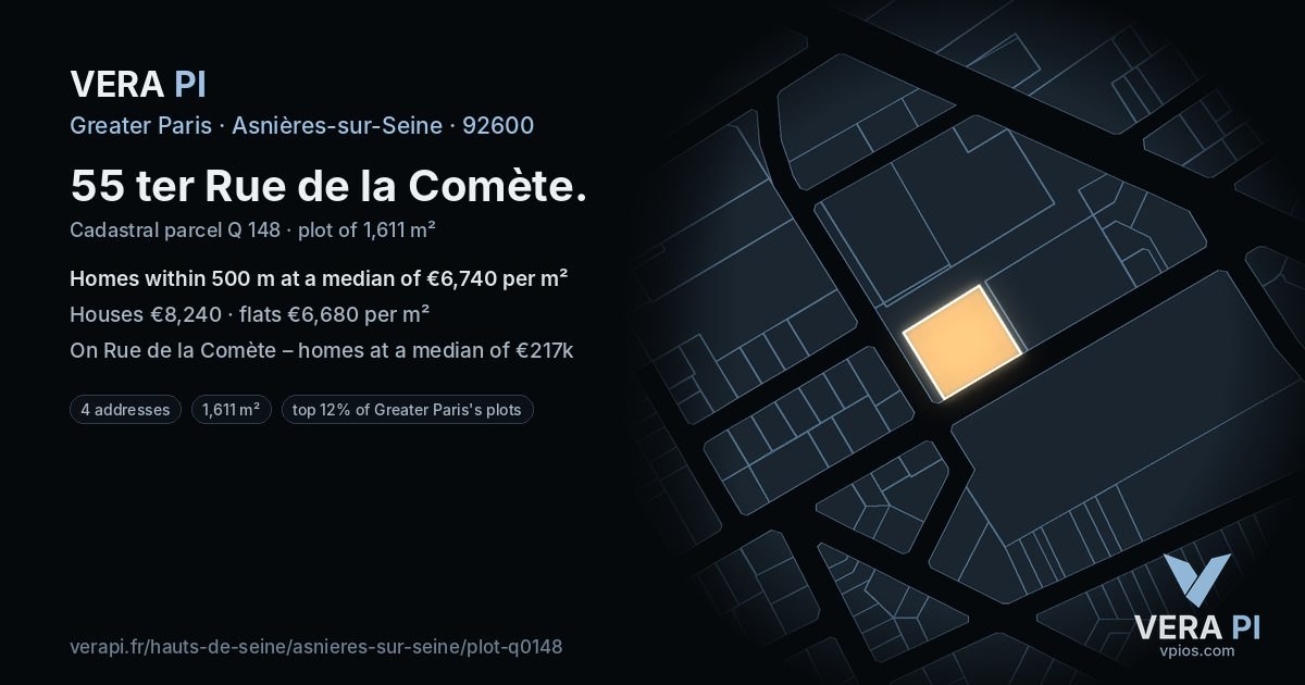 55 ter Rue de la Comète, Asnières-sur-Seine at night – the plot lit, the parcels around coloured by the prices near them