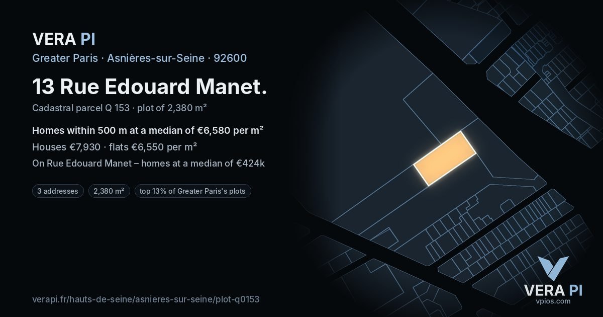 13 Rue Edouard Manet, Asnières-sur-Seine at night – the plot lit, the parcels around coloured by the prices near them
