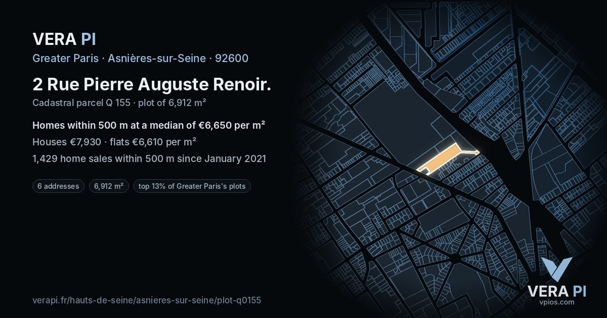 2 Rue Pierre Auguste Renoir, Asnières-sur-Seine at night – the plot lit, the parcels around coloured by the prices near them