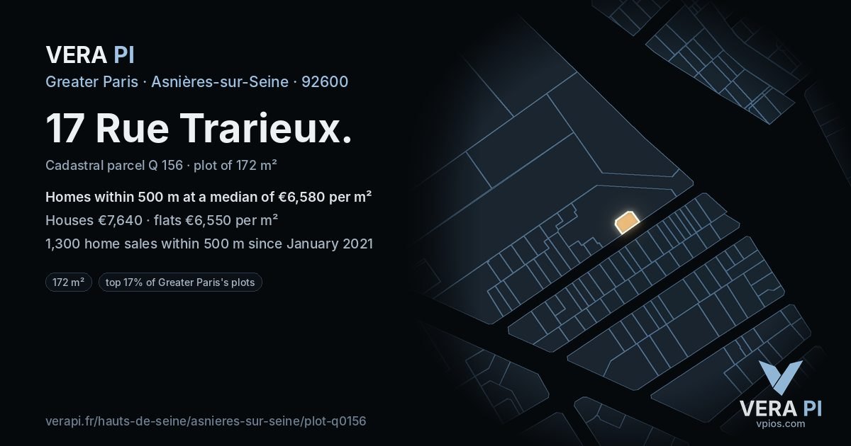 17 Rue Trarieux, Asnières-sur-Seine at night – the plot lit, the parcels around coloured by the prices near them