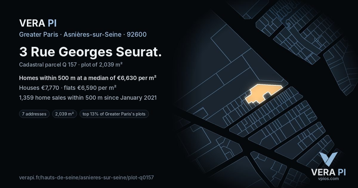 3 Rue Georges Seurat, Asnières-sur-Seine at night – the plot lit, the parcels around coloured by the prices near them