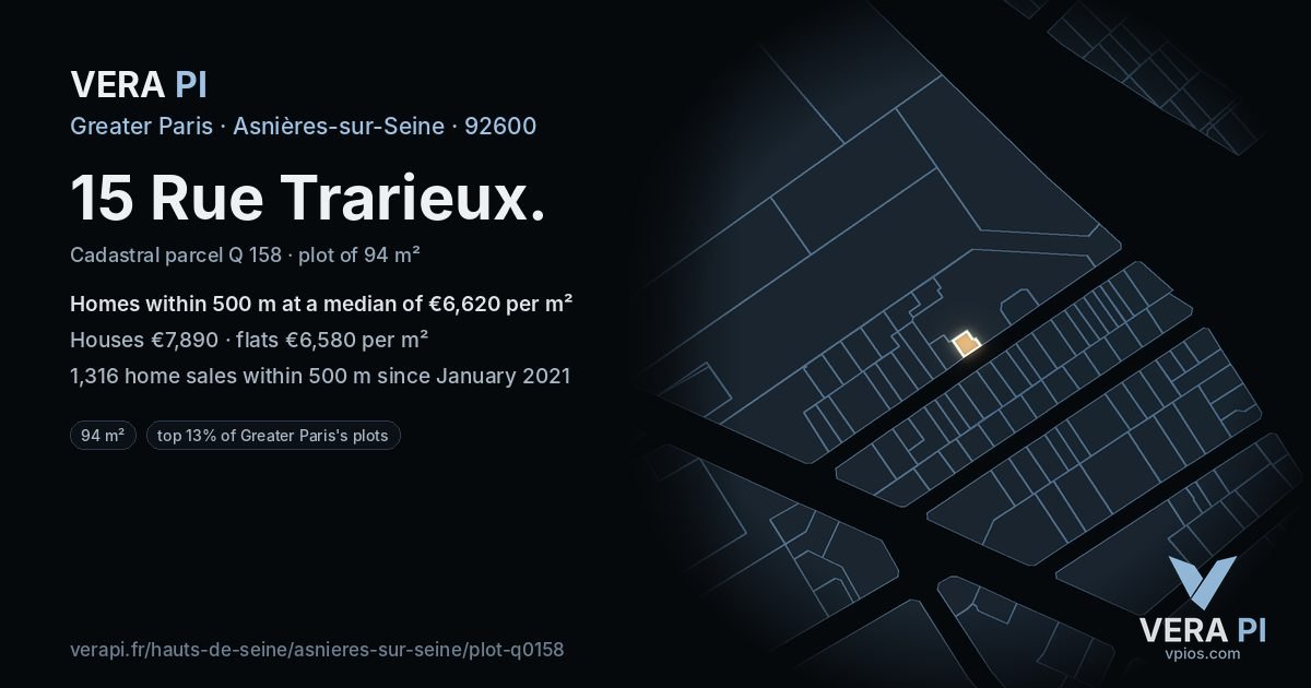 15 Rue Trarieux, Asnières-sur-Seine at night – the plot lit, the parcels around coloured by the prices near them