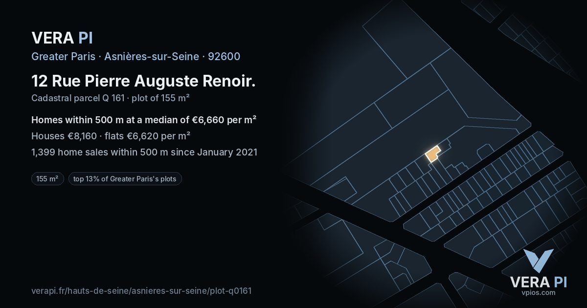 12 Rue Pierre Auguste Renoir, Asnières-sur-Seine at night – the plot lit, the parcels around coloured by the prices near them