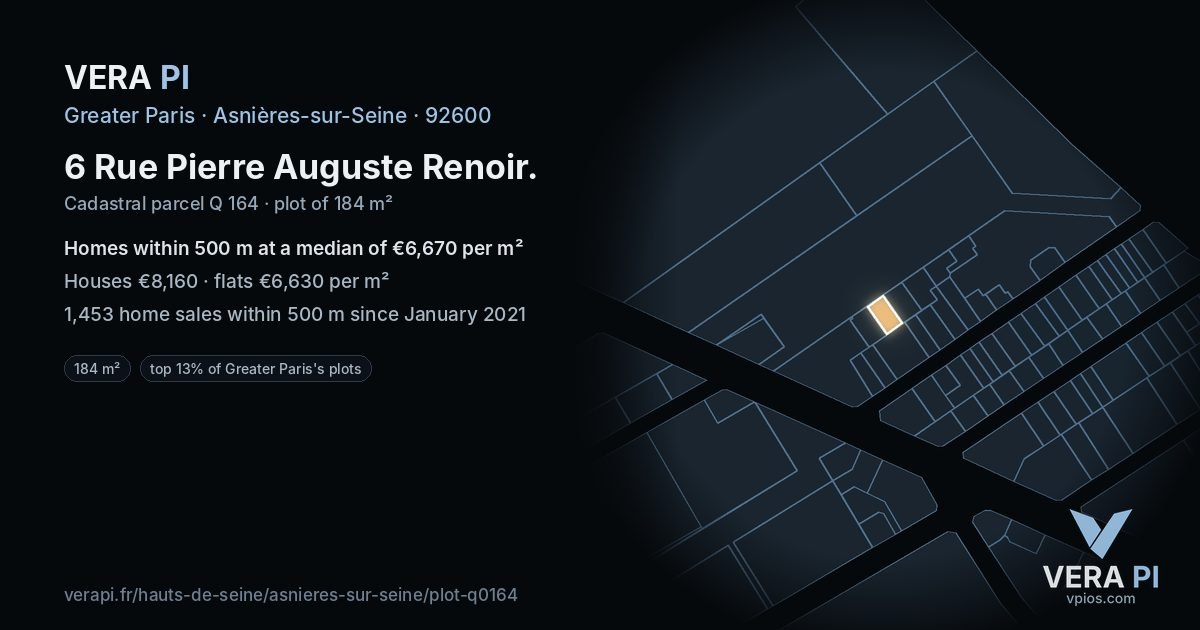 6 Rue Pierre Auguste Renoir, Asnières-sur-Seine at night – the plot lit, the parcels around coloured by the prices near them