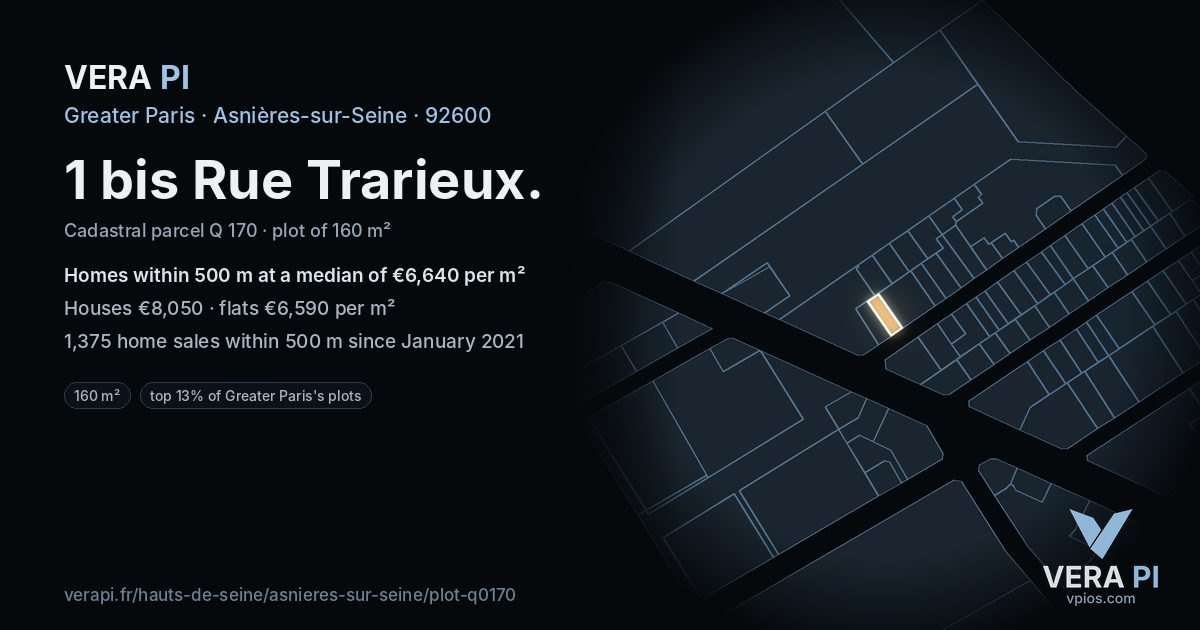 1 bis Rue Trarieux, Asnières-sur-Seine at night – the plot lit, the parcels around coloured by the prices near them