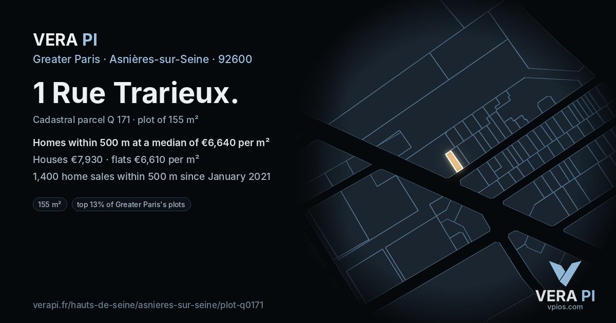 1 Rue Trarieux, Asnières-sur-Seine at night – the plot lit, the parcels around coloured by the prices near them